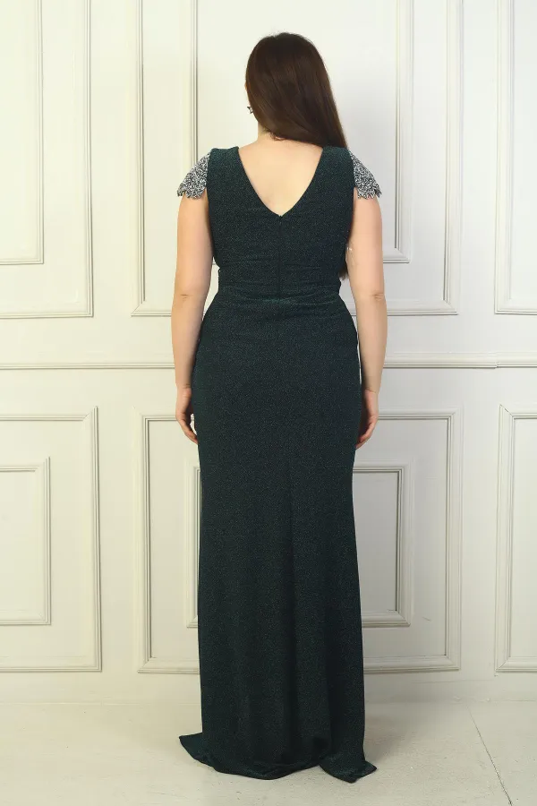 Robe longue en lycra pailleté grande taille avec col en V, manches et taille, détails en pierre, doublée et drapée