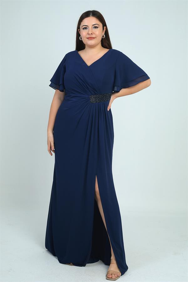 Women's Back V-Neck Lined Waist Beaded Detail Dart-Style Plus Size Crepe Chiffon Dress