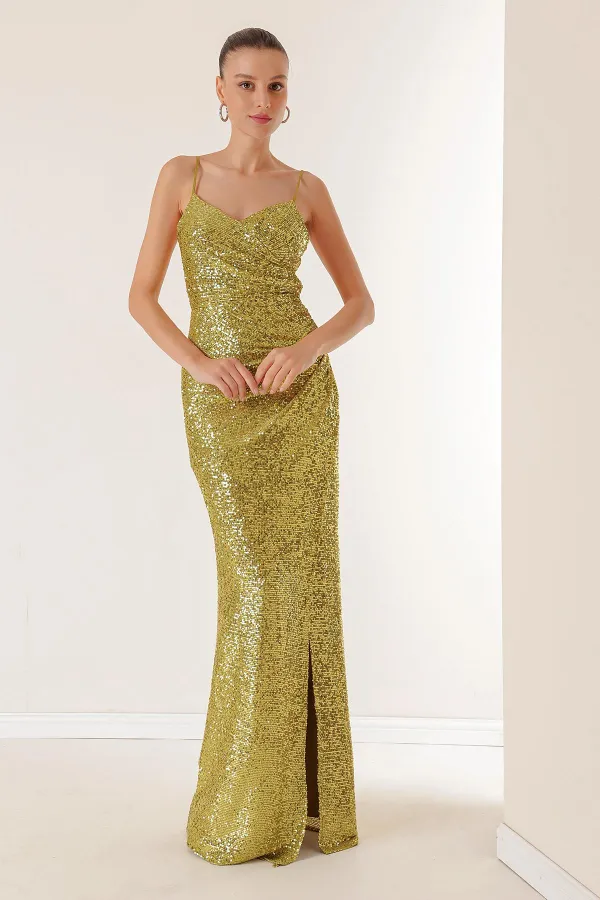 İp Askılı Önü Drapeli Arkası Bağcıklı Astarlı Uzun Pulpayet Elbise