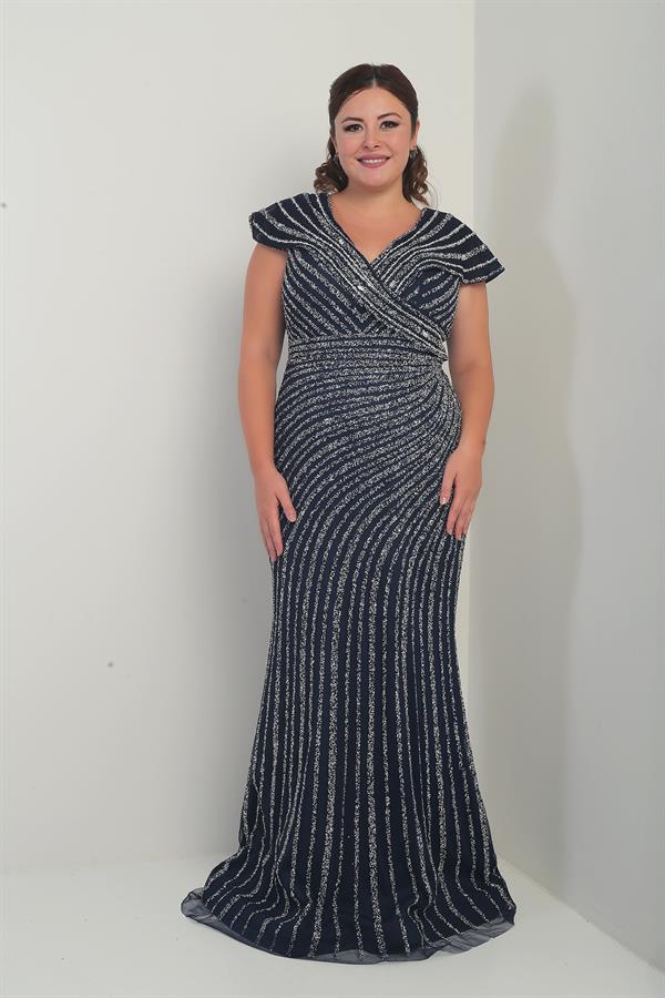 Kadın Ön Arka V Yaka Taş Baskılı Astarlı Büyük Beden Balık Elbise