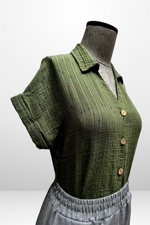 Kadın Polo Yaka Kendinden Desenli Keten Gömlek