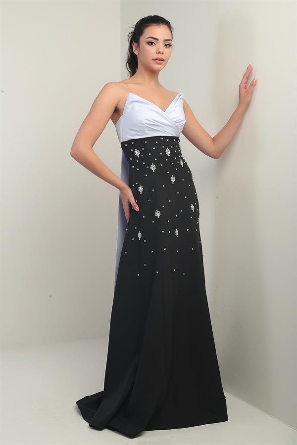 Kadın Tafta Üst Straplez Dubble Taş Yapıştırma Kloş Uzun Elbise