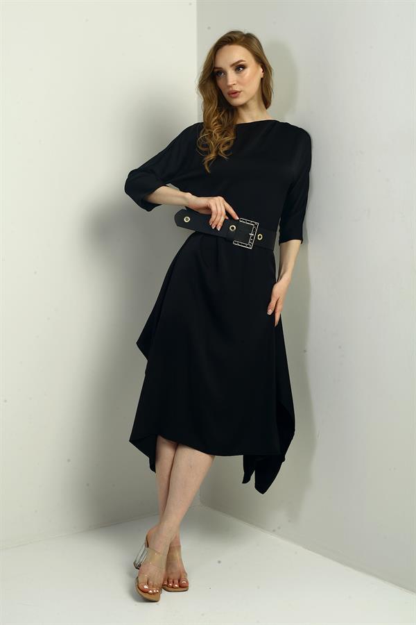 Kadın Çeyrek Kollu Beli Kemerli Asimetrik Krep Saten Midi Elbise