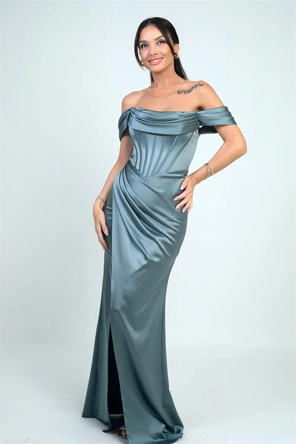 Robe longue en satin à bretelles, doublée et à armatures, manches basses et sans bretelles, pour femme