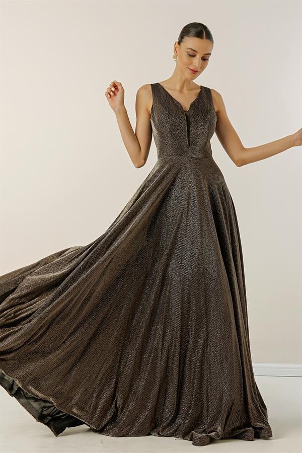 V-Neck Echo Tulle Glittery Lined Evening Dress