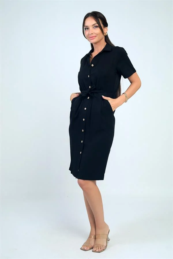 Robe courte en lyocell doublée, doublée, avec poche à nouer sur le devant et boutons sur le devant, pour femme