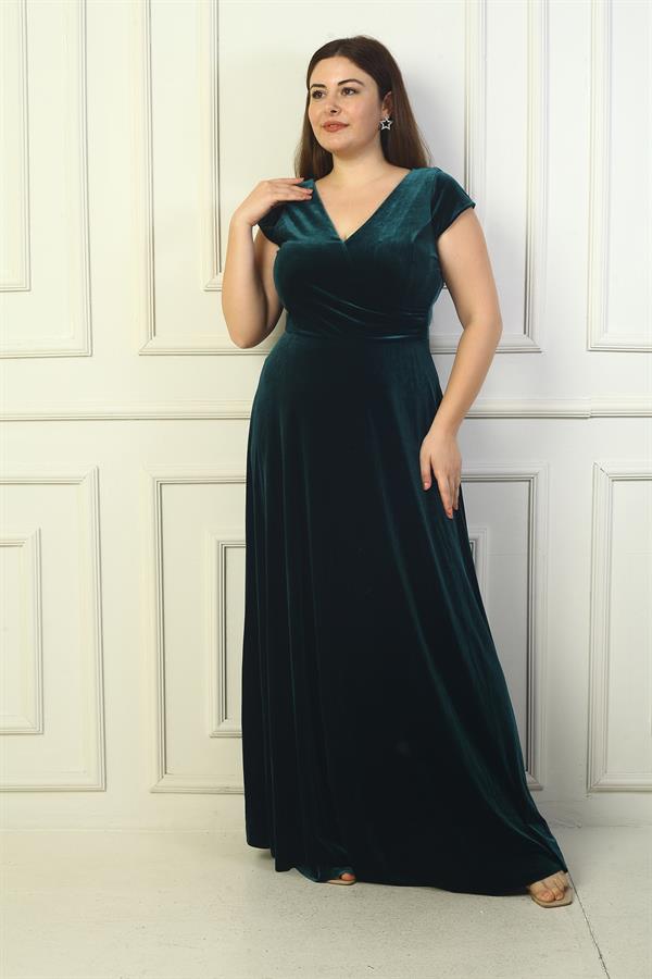 Robe longue en velours grande taille pour femme, avec décolleté en V devant et dos, fronces latérales et manches demi-lune.