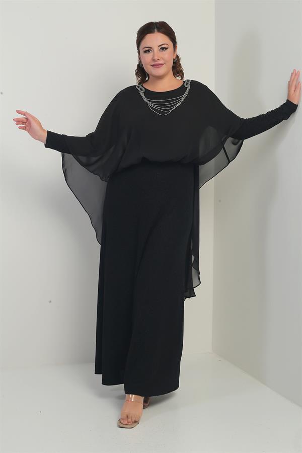 Kadın Üstü Zincirli Şifon Altı Simli Astarlı Büyük Beden Tesettür Uzun Elbise