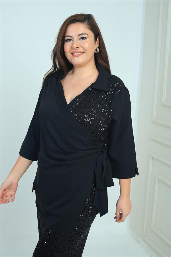 Kadın Kruvaze Polo Yaka Tek Tarafı Pulpayet Yanı Bağcıklı Krep Şifon Büyük Beden Bluz