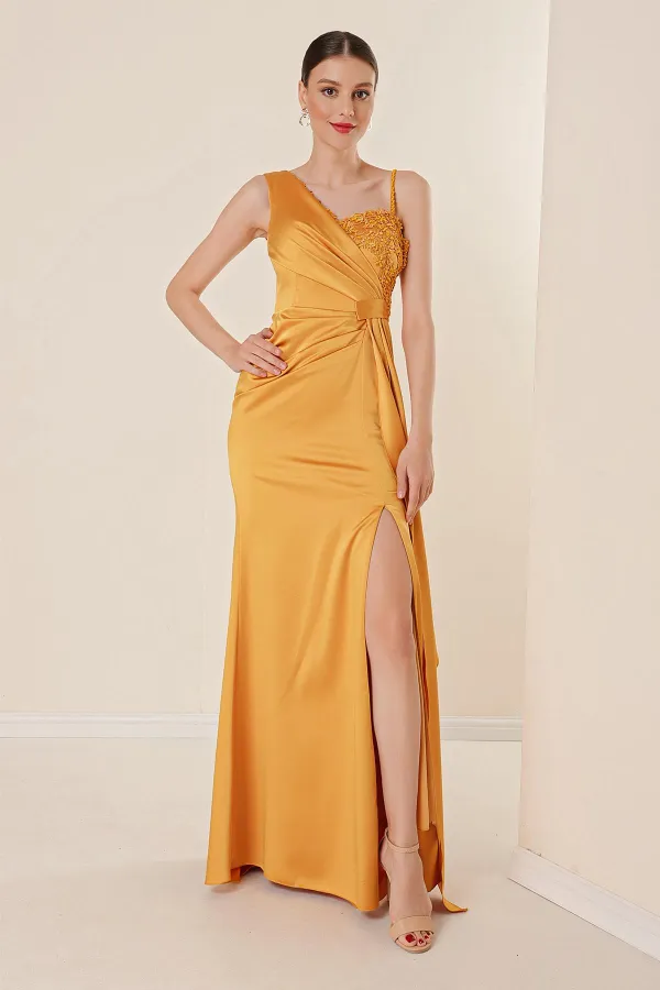 Long Satin Dress with One Side Rope Straps, Beaded Guipure Detail, Lining and Front Slit