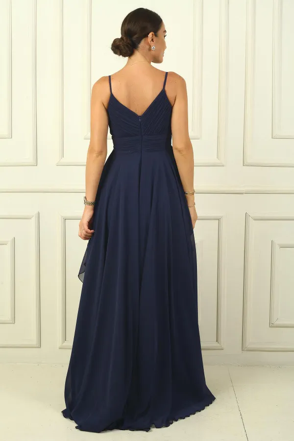 Kadın İp Askılı Yanları Yırtmaçlı Astarlı Volanlı Şifon Uzun Elbise