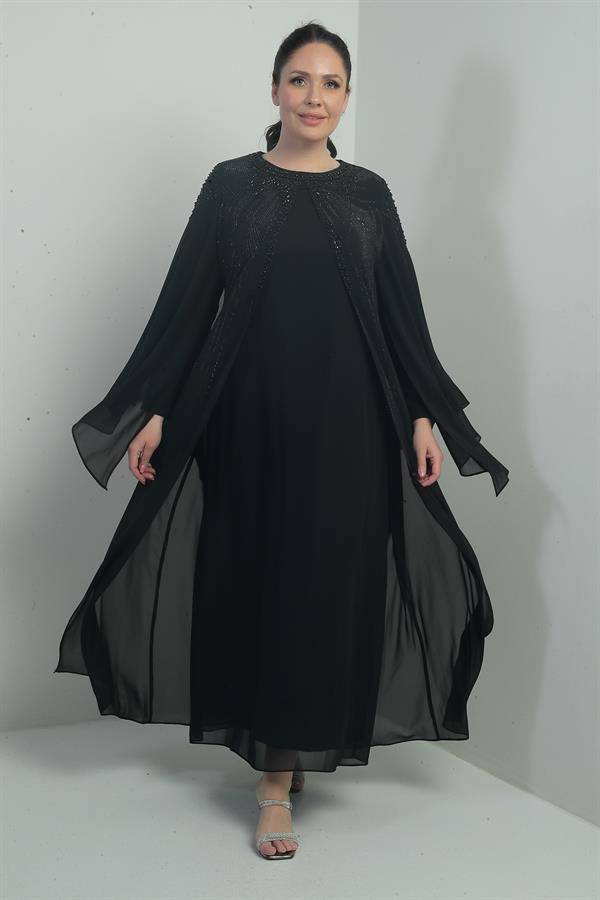 Kadın Üstü Taş Boncuk Baskılı Pelerin Astarlı Uzun Şifon Büyük Beden Elbise