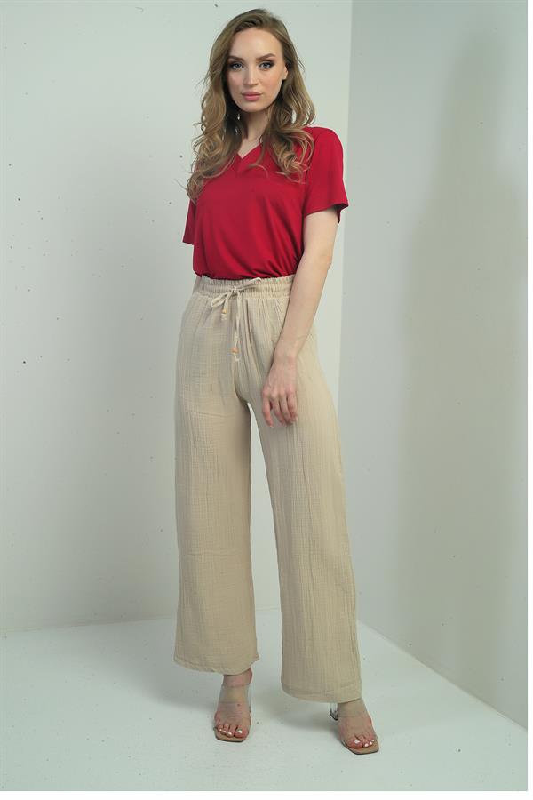Women's Muslin Palazzo Pants with Elastic Waist and Pockets
