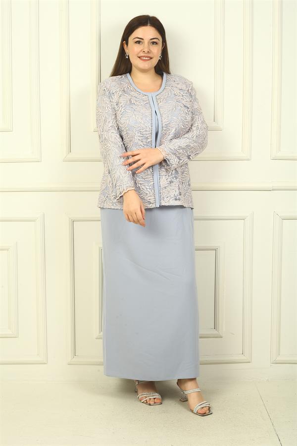 Robe longue à col perlé, ensemble deux pièces grande taille avec veste brodée de perles et de sequins, doublée.