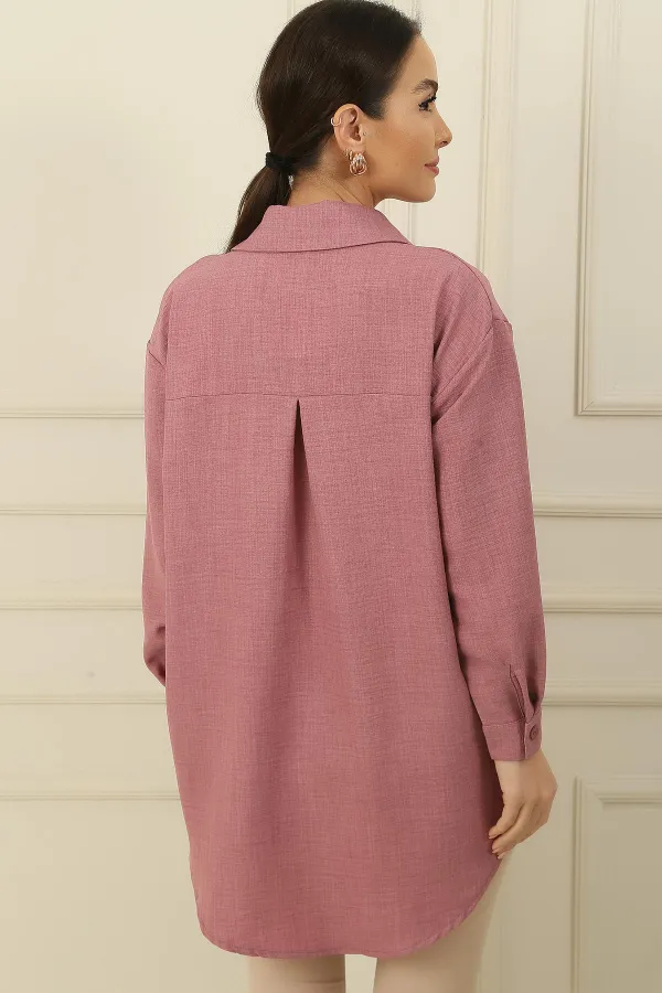 İnci-Taş Detaylı Keten Efekt Gömlek