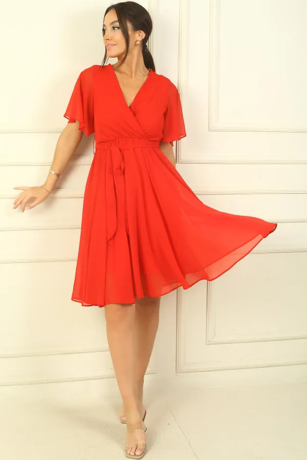 Women's Wrap Neckline Ruffled Sleeve Lined Chiffon Dress