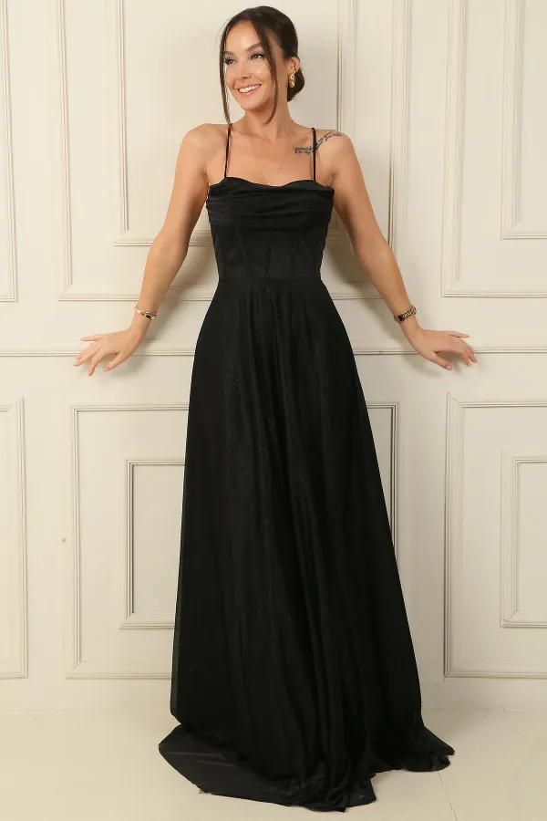 İp Askılı Balenli Üstü Drapeli Astarlı Tül Simli Uzun Abiye Elbise