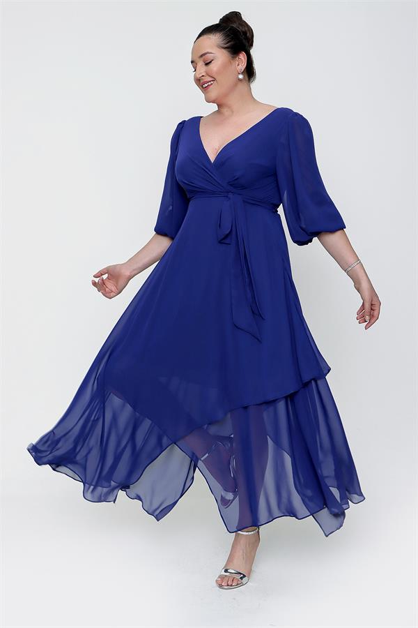 Kruvaze Balon Kollu Uzun Şifon Elbise