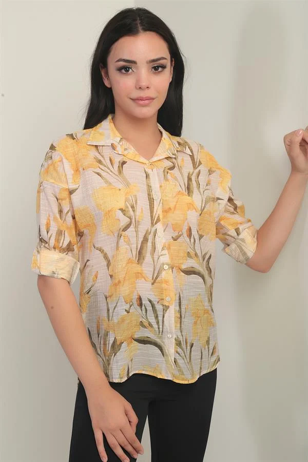 Kadın Büyük Çiçek Desenli Kol Katlamalı Gömlek