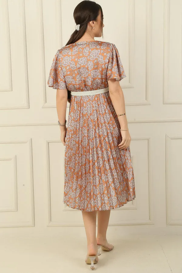 Robe en satin à fleurs plissées, col croisé, fente, manches à volants, doublée, taille ceinturée