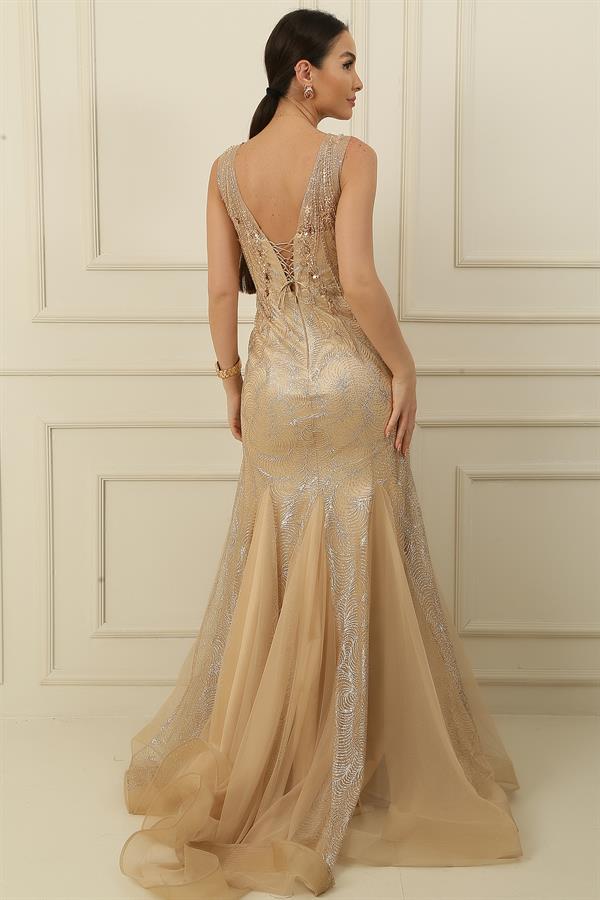 Pul Ve Boncuklu Astarlı Arkası Bağlamalı Simli Uzun Balık Elbise