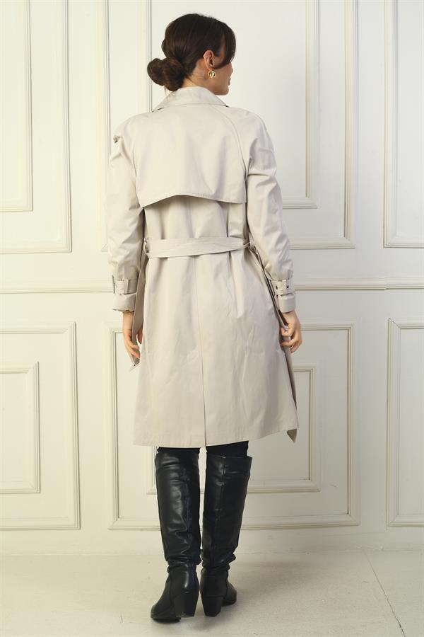 Women's Trench Coat with Belted Waist and Sleeves, Button-Front and Pockets