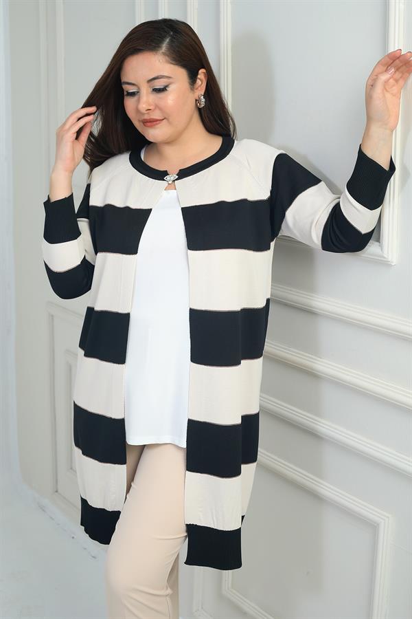 Kadın Enine Kalın Çizgili Büyük Beden Hırka