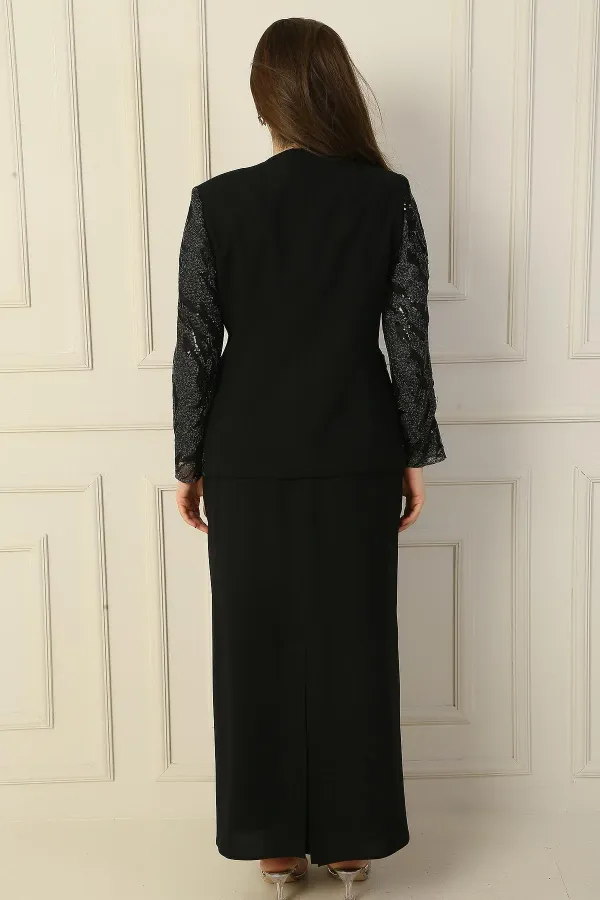 İçi Yarım Ay Kol Bluz Pul NakışişlemeBoncuk Detaylı Ceket Etek Astarlı Büyük Beden 3'lü Takım