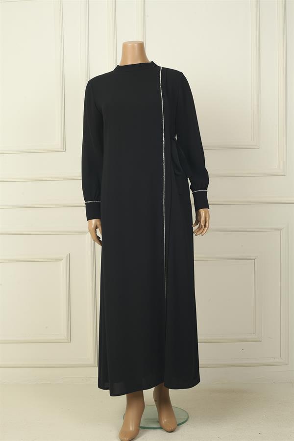 Robe longue en crêpe grande taille pour femme, avec manches zippées, ornements de pierres et fermeture à nouer sur le côté