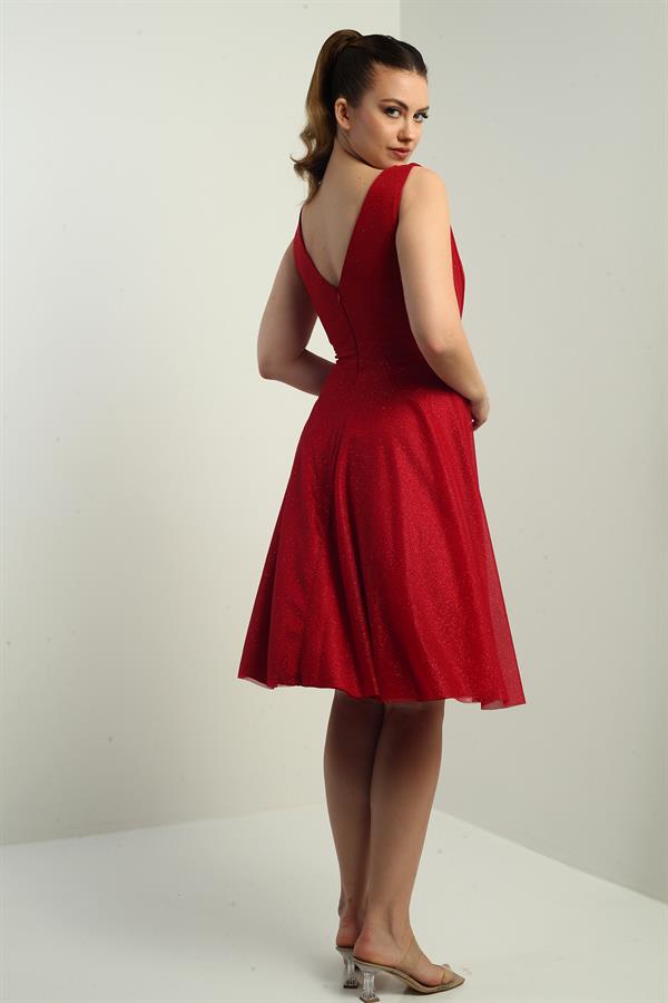 Women's Wrap Neckline Lined Flared Glittery Short Dress