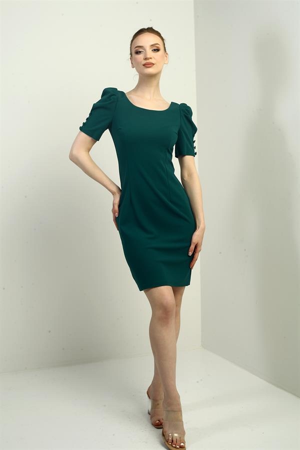 Women's Boat Neck Buttoned Sleeve Pleated Back Zippered Dress