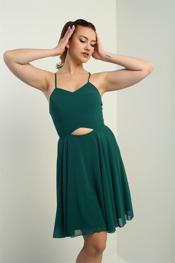 Kadın İp Askılı Arkası Bağlamalı Önü Pencereli Astarlı Şifon Kısa Kloş Elbise