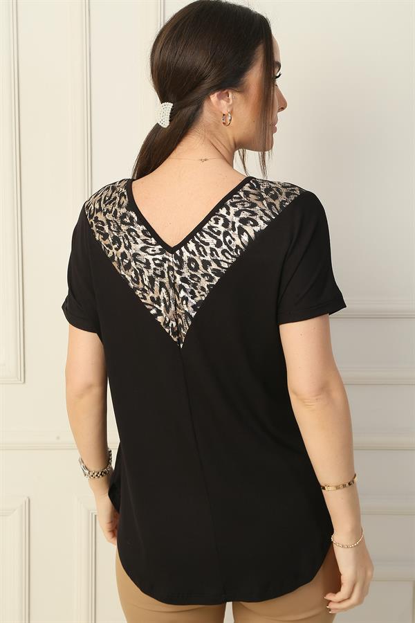 Women's Front and Back V-Neck Blouse with Leopard Print Back Trim, Pockets, and Lycra Fabric