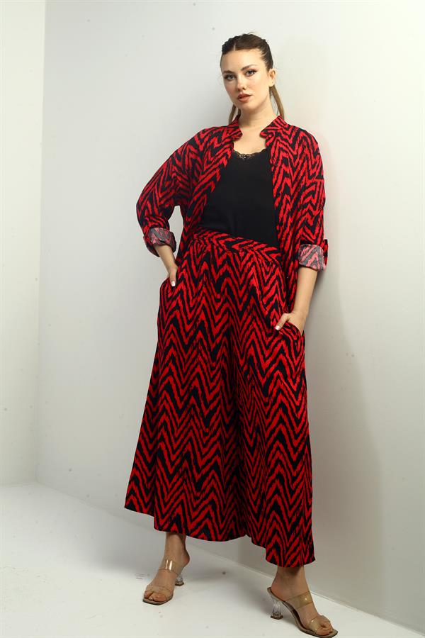 Women's Side Slit Tunic Shirt, Elastic Waist Palazzo Pants, Zigzag Pattern Oversize 2-Piece Set