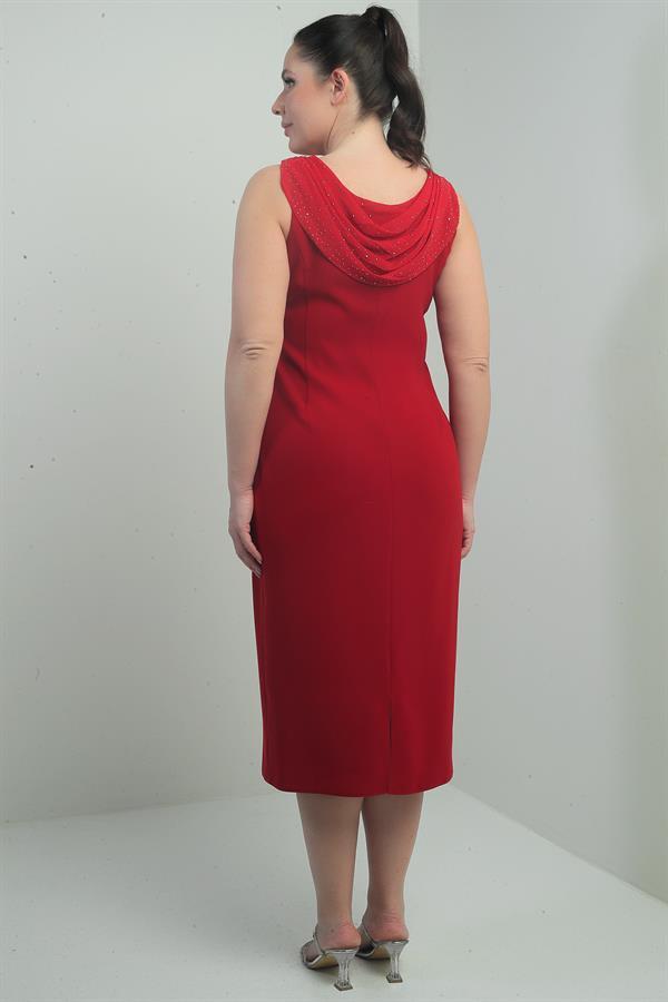 Plus Size Crepe Midi Dress with V-Neck and Stone Embellishments, Lined