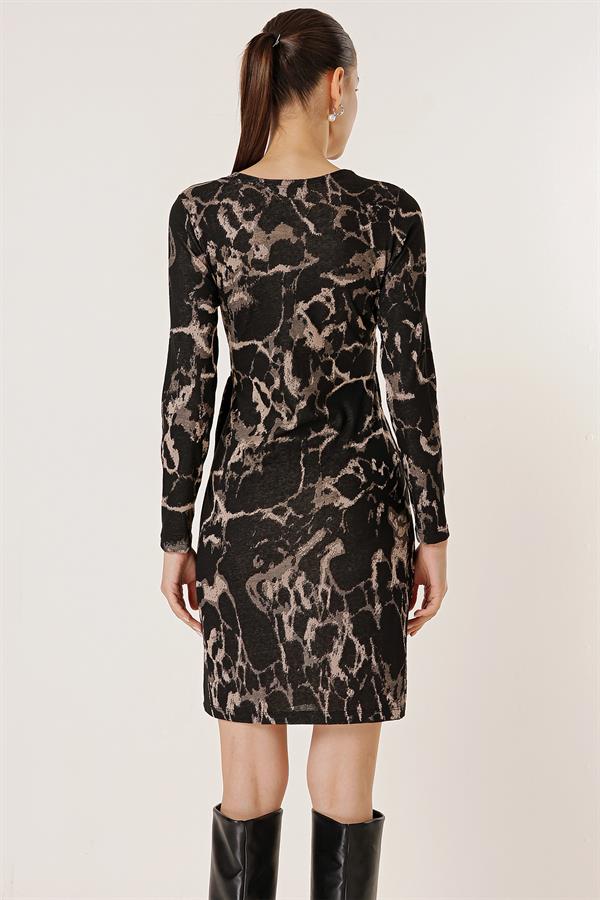 Wrap Neck Buckle Detail Patterned Lycra Dress