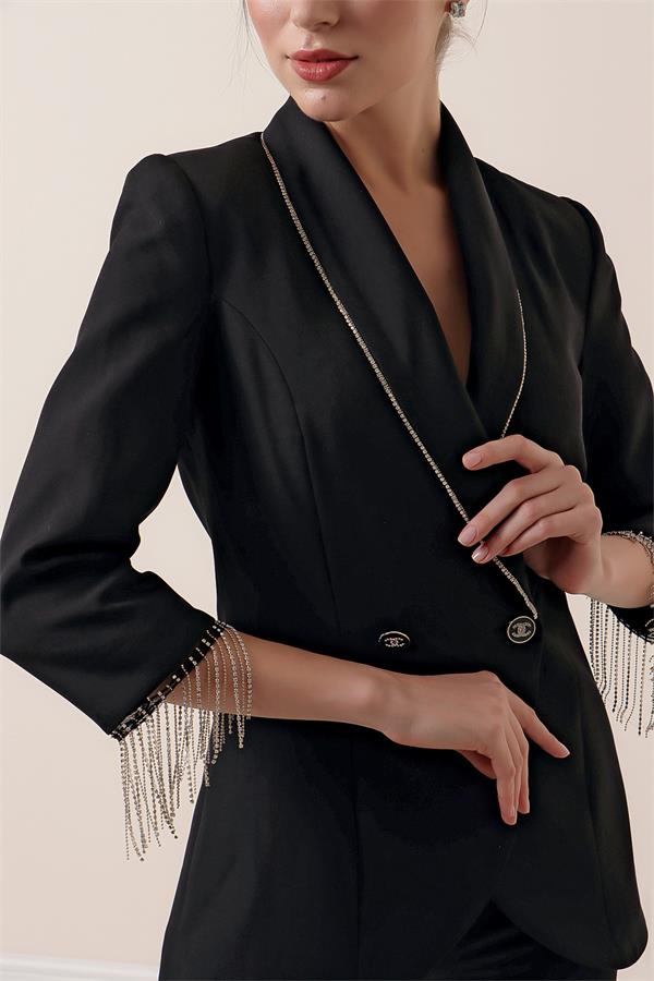 Yaka Ve Kol uçları Taş Zincir Detaylı Astarlı Ceket Cepli Pantolon 2'li Takım