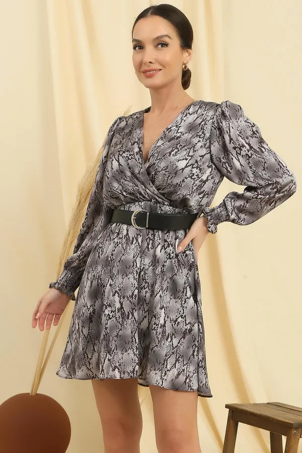 Double-Breasted, Lined, Belted, Snake Patterned Satin Dress