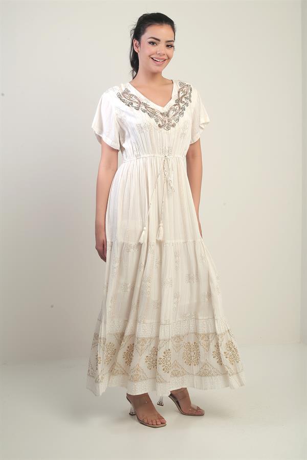 Women's V-Neck Beaded Lined Pocketed Flush Jacquard Long Dress