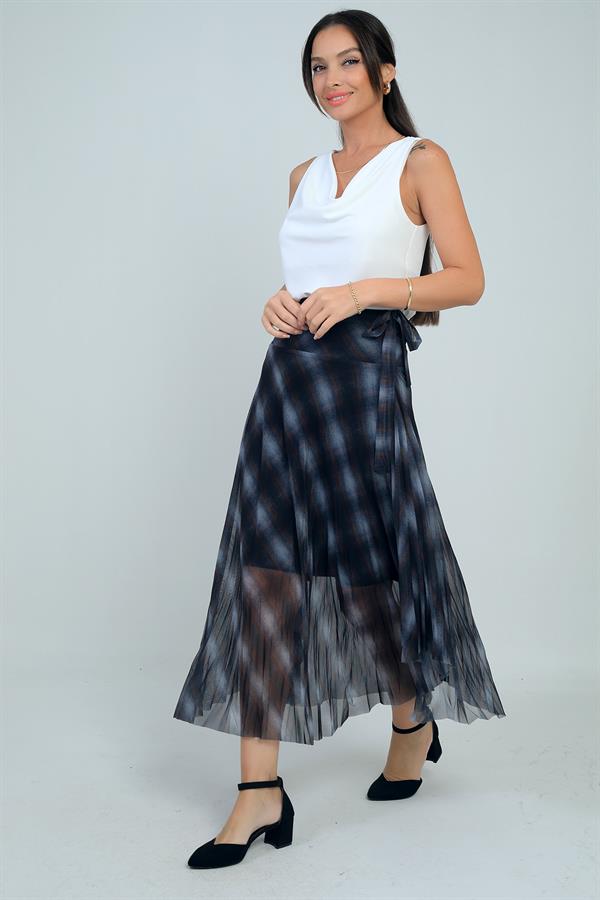 Kadın Yanları Kısa Astarlı Ekose Uzun Tül Etek