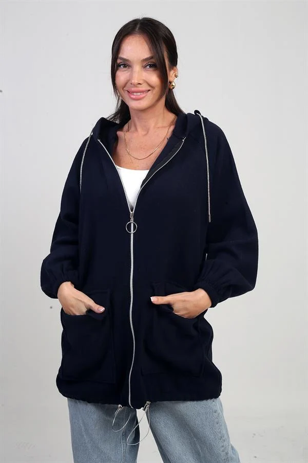 Gilet en cachemire à capuche pour femme avec poche kangourou zippée et détails en corde brillante