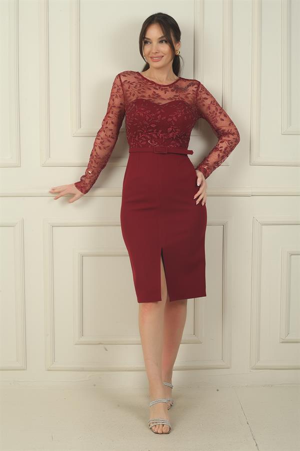 Robe courte en crêpe pour femme, ornée d'un imprimé floqué de feuilles en tulle et d'une ceinture.