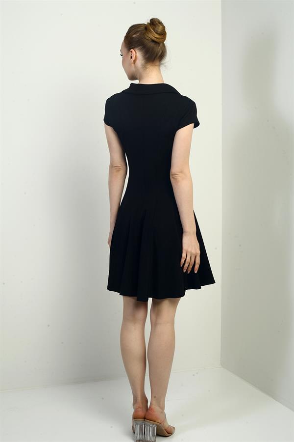 Kadın Polo Yaka Ay Kollu Likralı Kloş Kısa Elbise