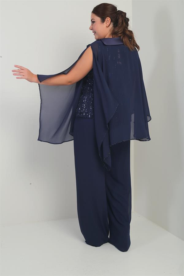 Cape en satin à col et doublure à sequins pour femme, chemisier sans manches, pantalon palazzo, ensemble 3 pièces en mousseline doublée grande taille
