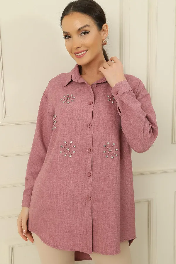İnci-Taş Detaylı Keten Efekt Gömlek