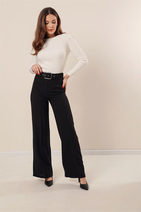 Wide-Leg Crepe Trousers with Belt