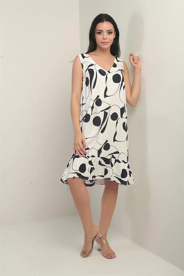 Women's V-Neck Patterned Ruffle Skirt Comfortable Fit Dress