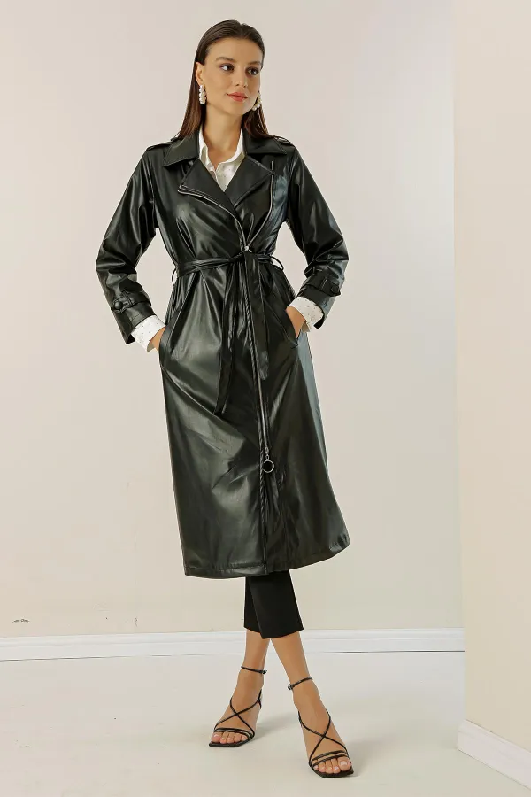 Trench-coat doublé en similicuir avec ceinture et poches latérales