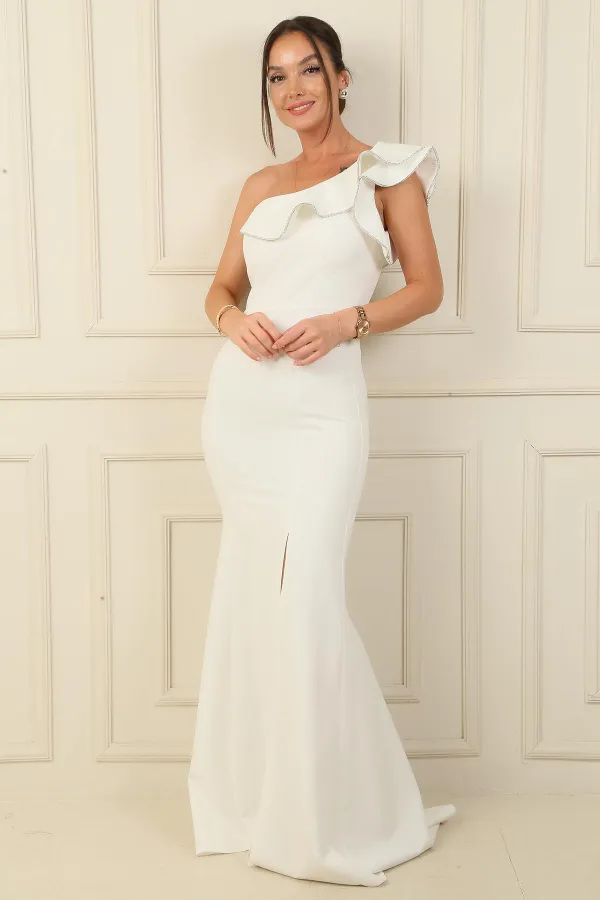 Tek Omuz Şerit Taşlı Eteği Yırtmaçlı Astarlı Uzun Krep Abiye Elbise