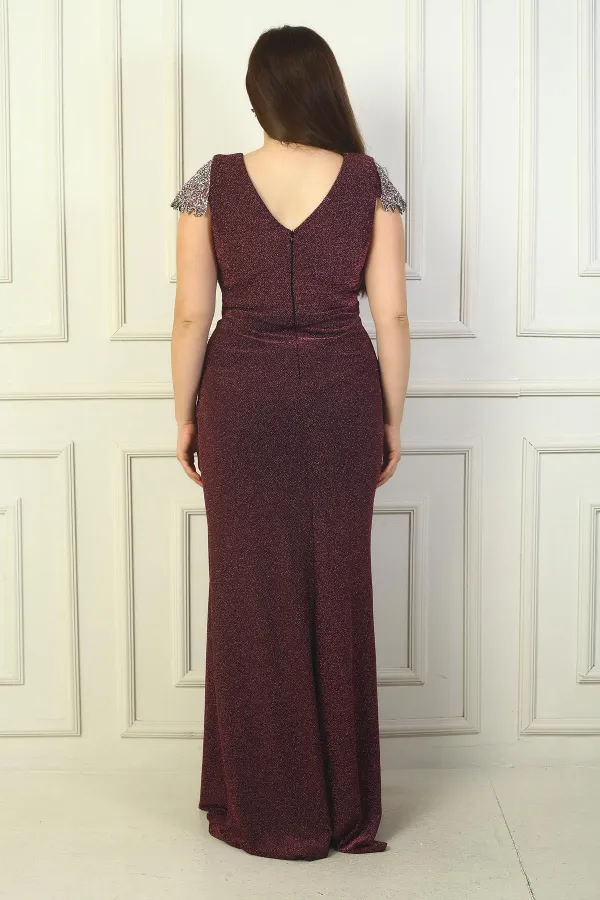 Ön Arka V Yaka Kol Ve Bel Taş Detaylı Astarlı Drapeli Simli Büyük Beden Likralı Uzun Elbise